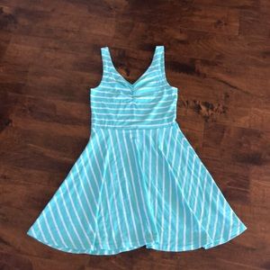 A-Line flare mini dress. turquoise/white stripe